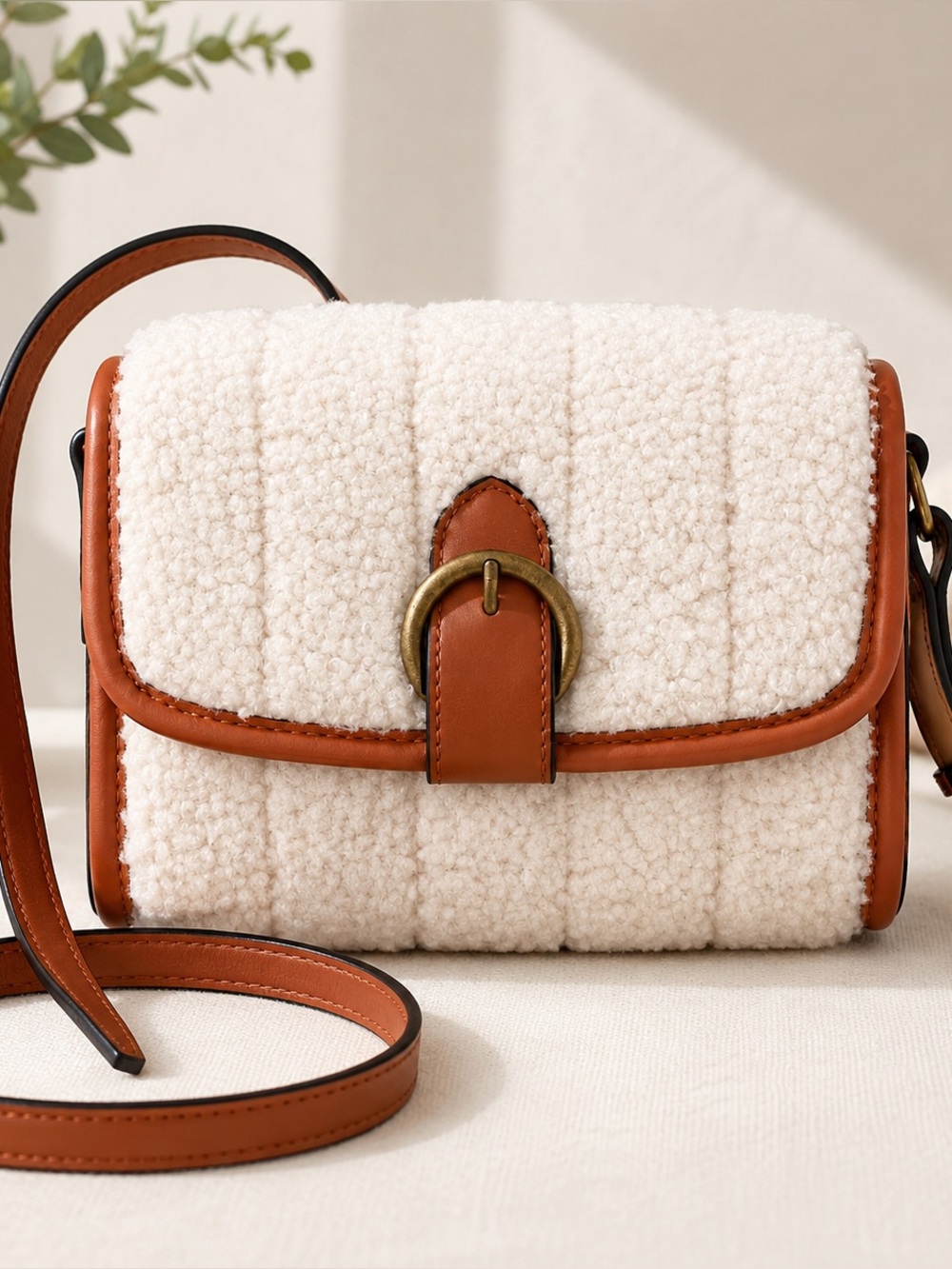 Universal Thread Sherpa Crossbody Bag Beige Buckle Flap Purse